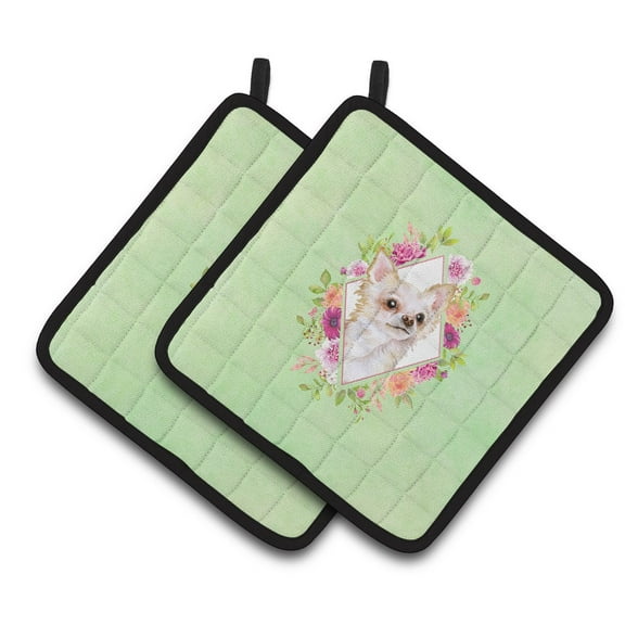 Carolines Treasures CK4287PTHD Long Hair Chihuahua Green Flowers Pair of Pot Holders 7.5HX7.5W multicolor