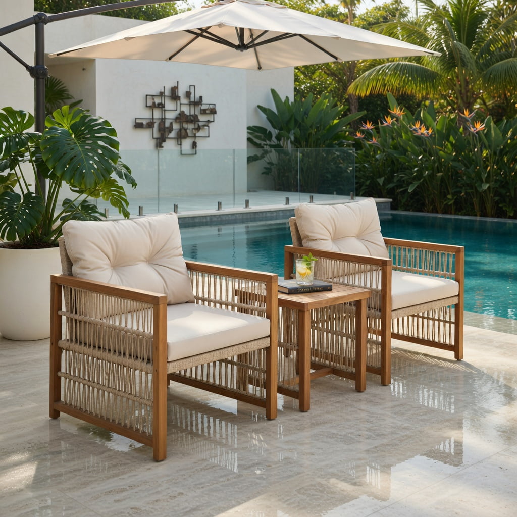 Hommoo 3-Piece Outdoor PE Wicker Patio Furniture Set, Cushioned Acacia Wood Conversation Set with Square Coffee Table & Ergonomic Chairs, Brown
