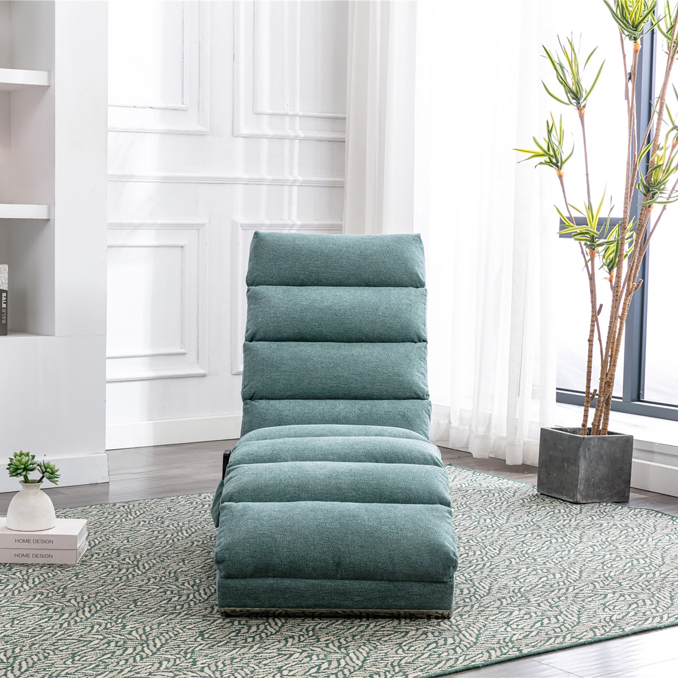 Noble House Upholstered Chaise Lounge Chair with Vibration, Linen Fabric Leisure Recliner, Teal