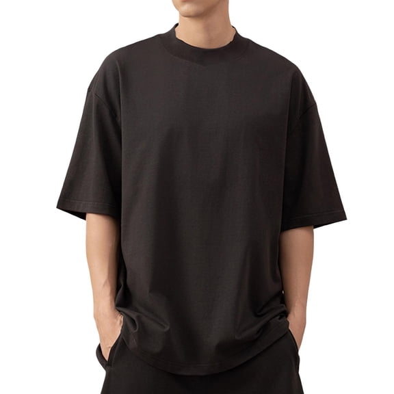Krdevn Men's Half High Neck T Shirt Short Sleeve Heavyweight Loose Shoulder Minimalist Solid Color,S