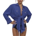 thumbnail image 3 of Cozyvia Women's Modern Swimsuit Cover Up Blouse, Solid Color Cotton Bathing Suit Coverup Button Down Beach Long Shirts with Pockets - Blue S, 3 of 6