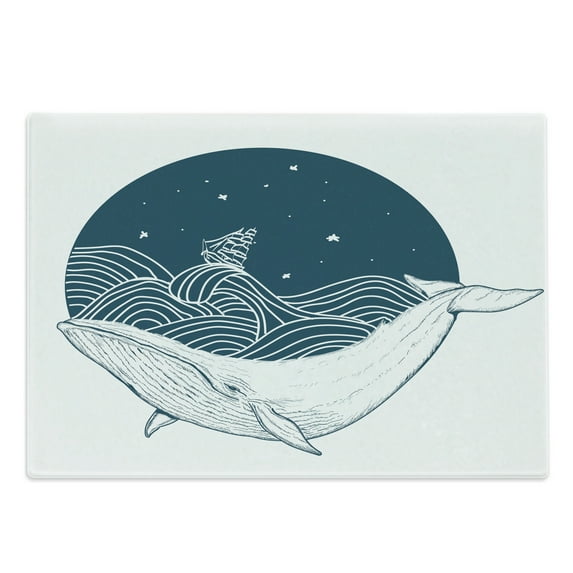Whale Cutting Board, Big Mammal Swimming in a Wavy Ocean Stars and Old Antique Ship Art Print, Decorative Tempered Glass Cutting and Serving Board, Large Size, Teal White, by Ambesonne