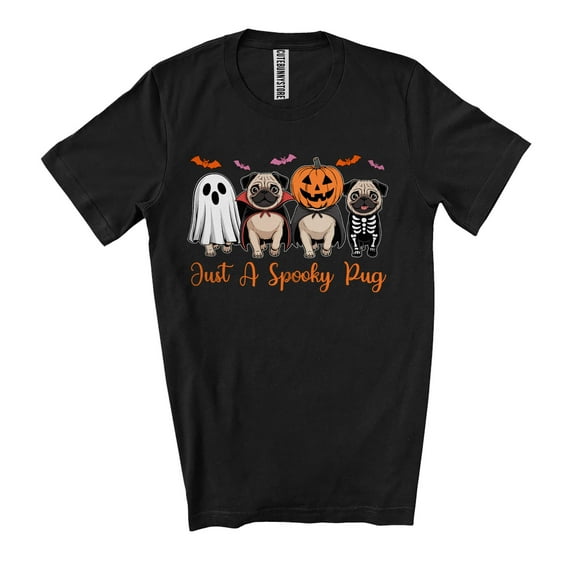Just A Spooky Pug; Humorous Halloween Boo Ghost Pumpkin Skeleton Cosplay; Family Unisex T-Shirt