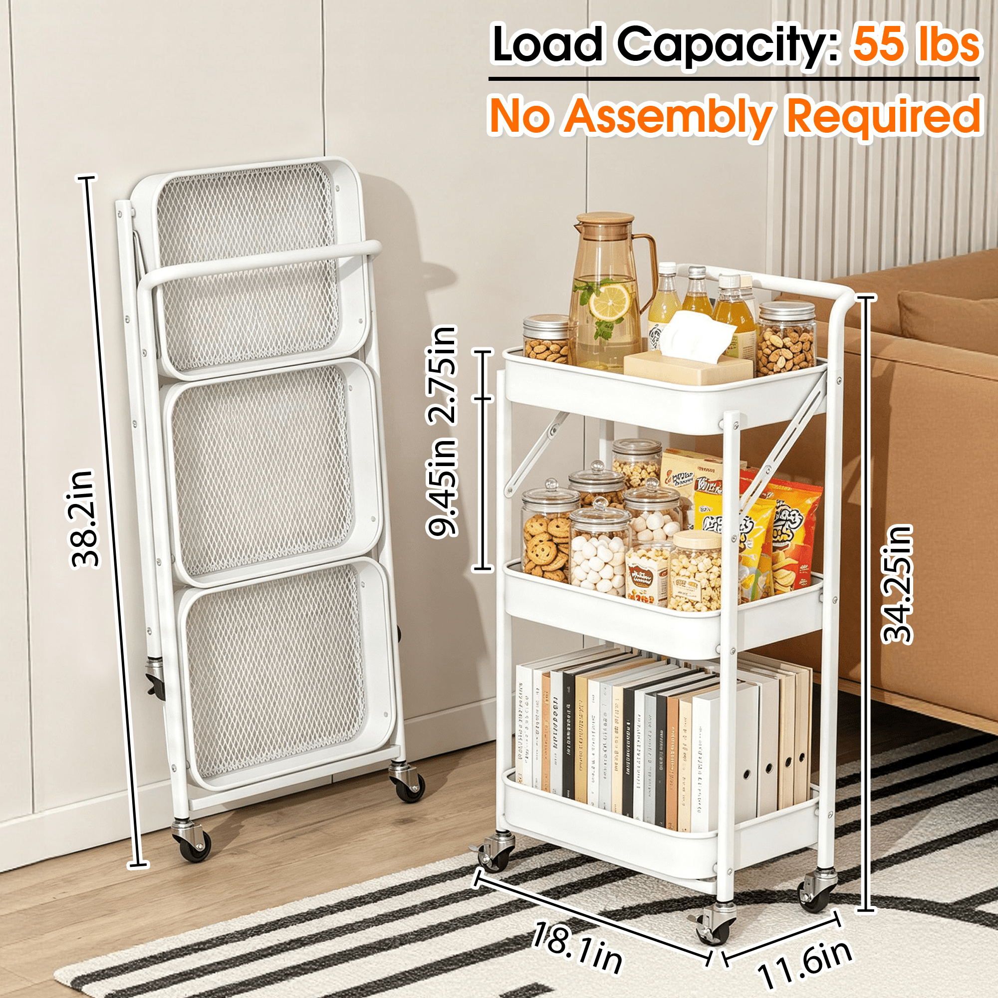 3 Tier Folding Rolling Cart, Folding Utility Cart with Lockable Wheels and Handle, Mobile Foldable Storage Cart Organizer for Kitchen, Bathroom, Office, Living Room