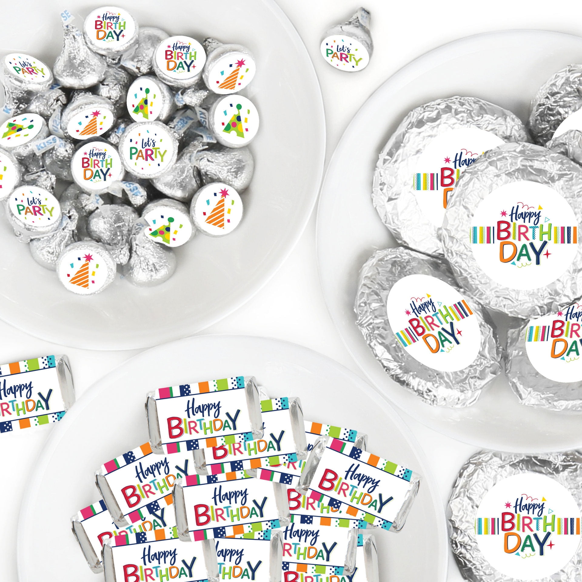 Cheerful Happy Birthday - Mini Candy Bar Wrappers, Round Candy Stickers ...