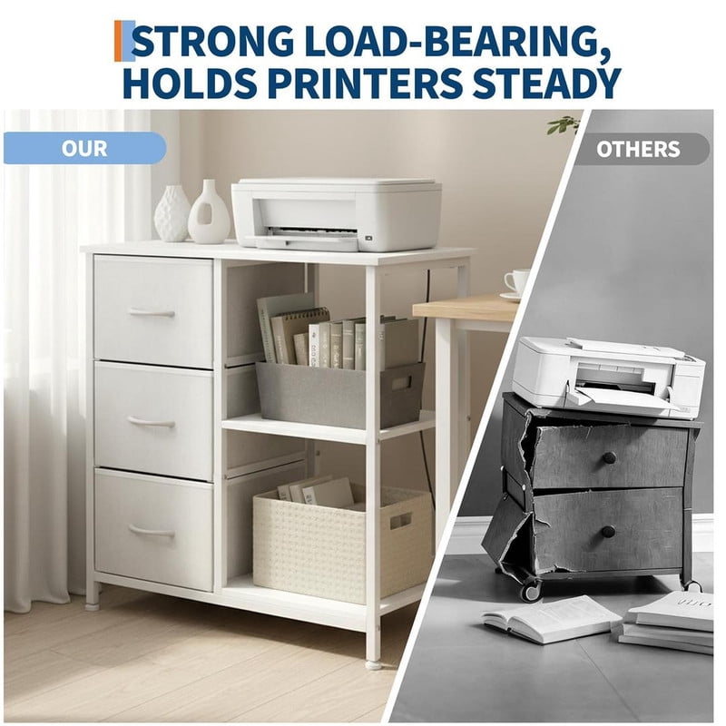 File Cabinet with 3 Drawers, Printer Stand with Open Shelves, Under Desk Storage Organizer for Home Office, Fabric Wood Top for Living Room