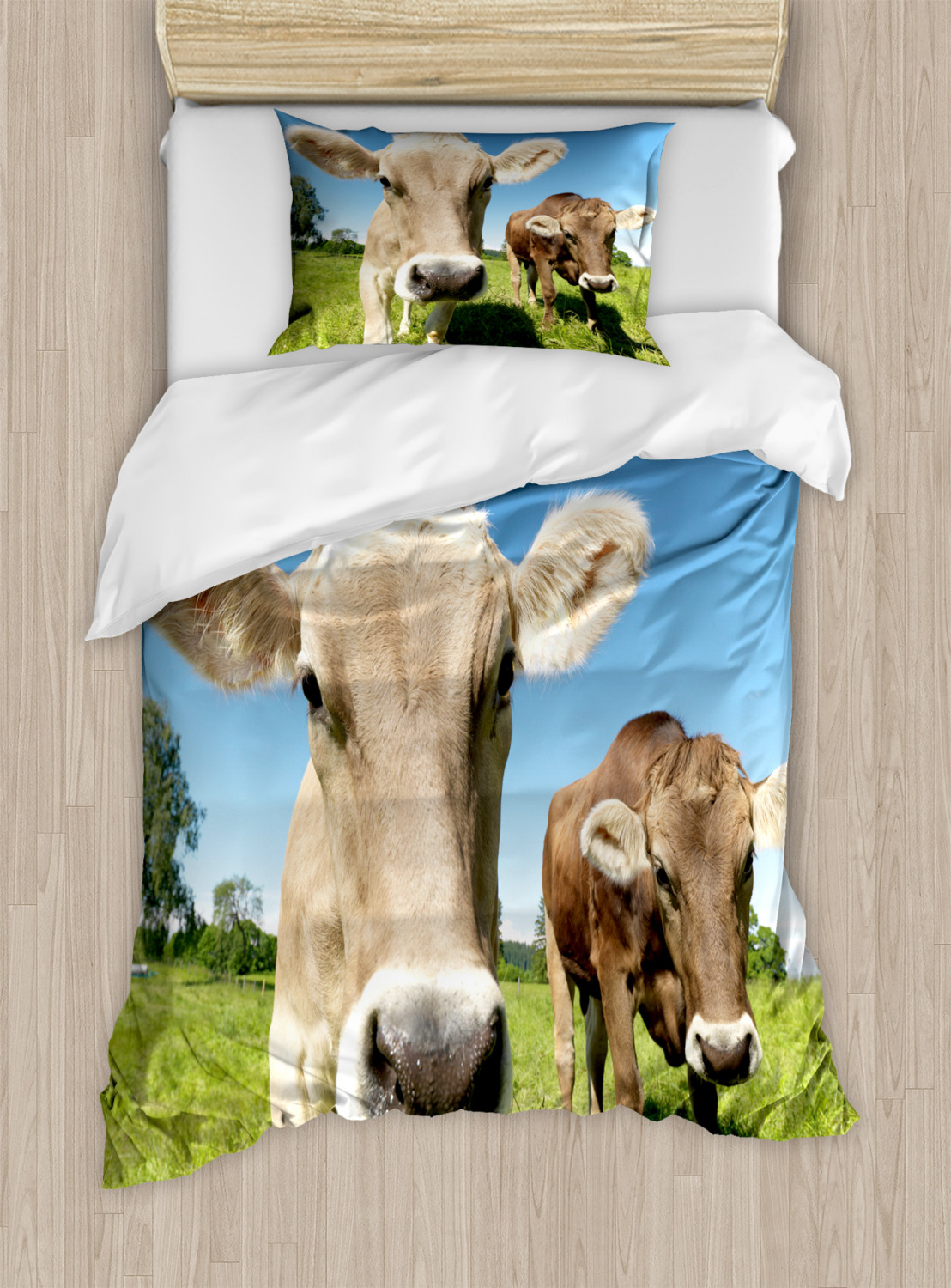 Farm Animal Duvet Cover Set Twin Size, Close Up Sweet Photo of Cows at