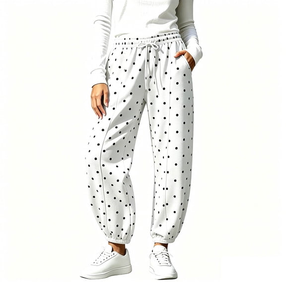 HomeDM Polka Dot Sweatpants Women's Joggers Pants for Lounge Athletic White Drawstring Sweat Pants with Pockets Size S