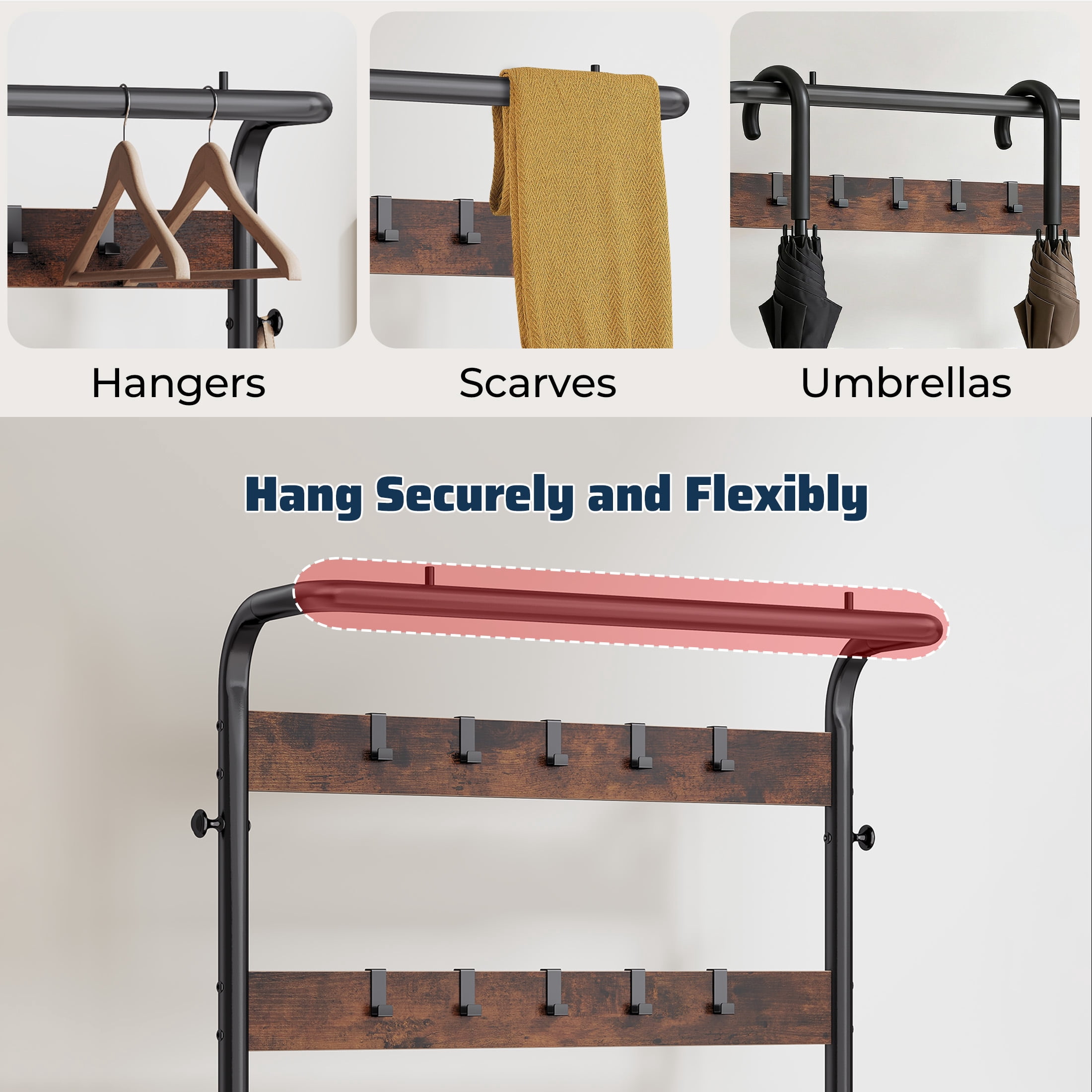 edx 4-in-1 Coat Rack with Shoe Bench and Hall Tree, entryway bench with 10 Removable Coat Hooks, Sturdy Steel & Wood Entryway Organizer, Anti-Tip Design, Rustic