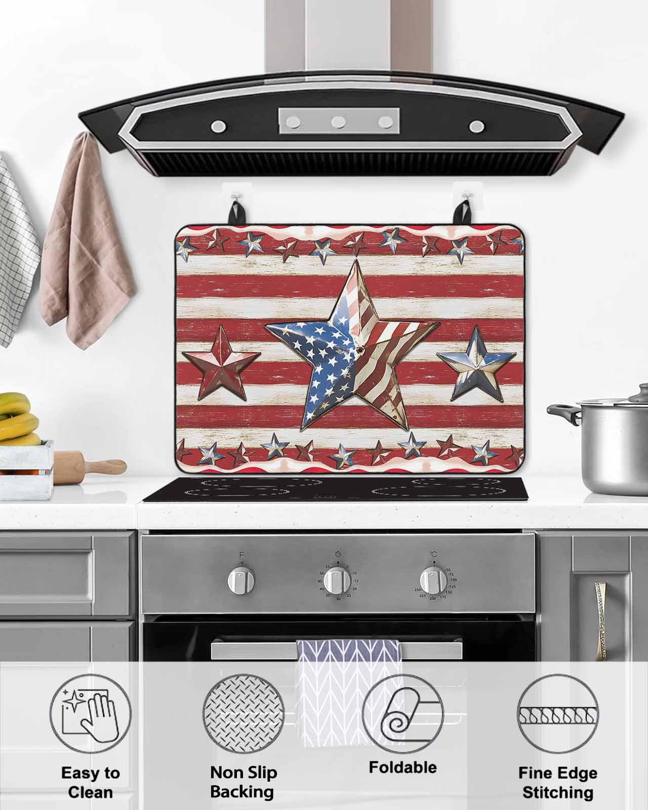 nqOlkjepod Large Induction Cooktop Protector Mat 24"x21", 4th of July Stove Top Covers for Electric Stove, Independence Day Patriotic Star Decorative Stove Burner Cover Mats, Glass Top Stove Cover