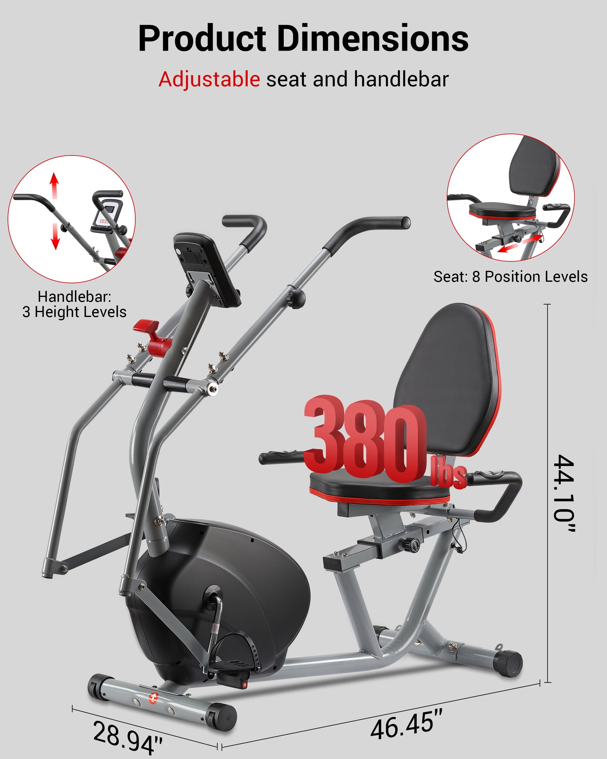 Recumbent Exercise Bike with Arm Exerciser for Home - Elliptical Recumbent Cross Trainer with Backlit Display, Pulse Sensor, 8-Level Magnetic Resistance, 380LBS Weight Capacity