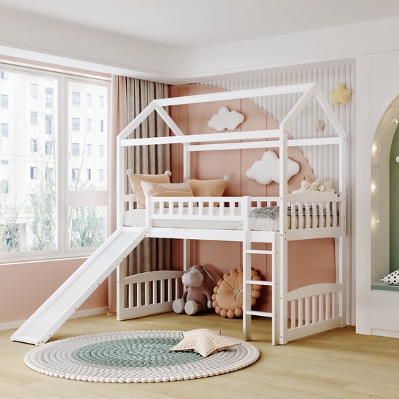 Twin Loft Bed with Slide, House Bed with Slide,White