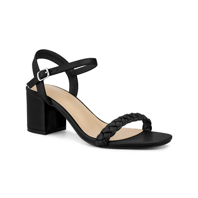BLISSFUL STEP Women's Sandals Block Heels Slingback Buckle Woven Sandals Black 9