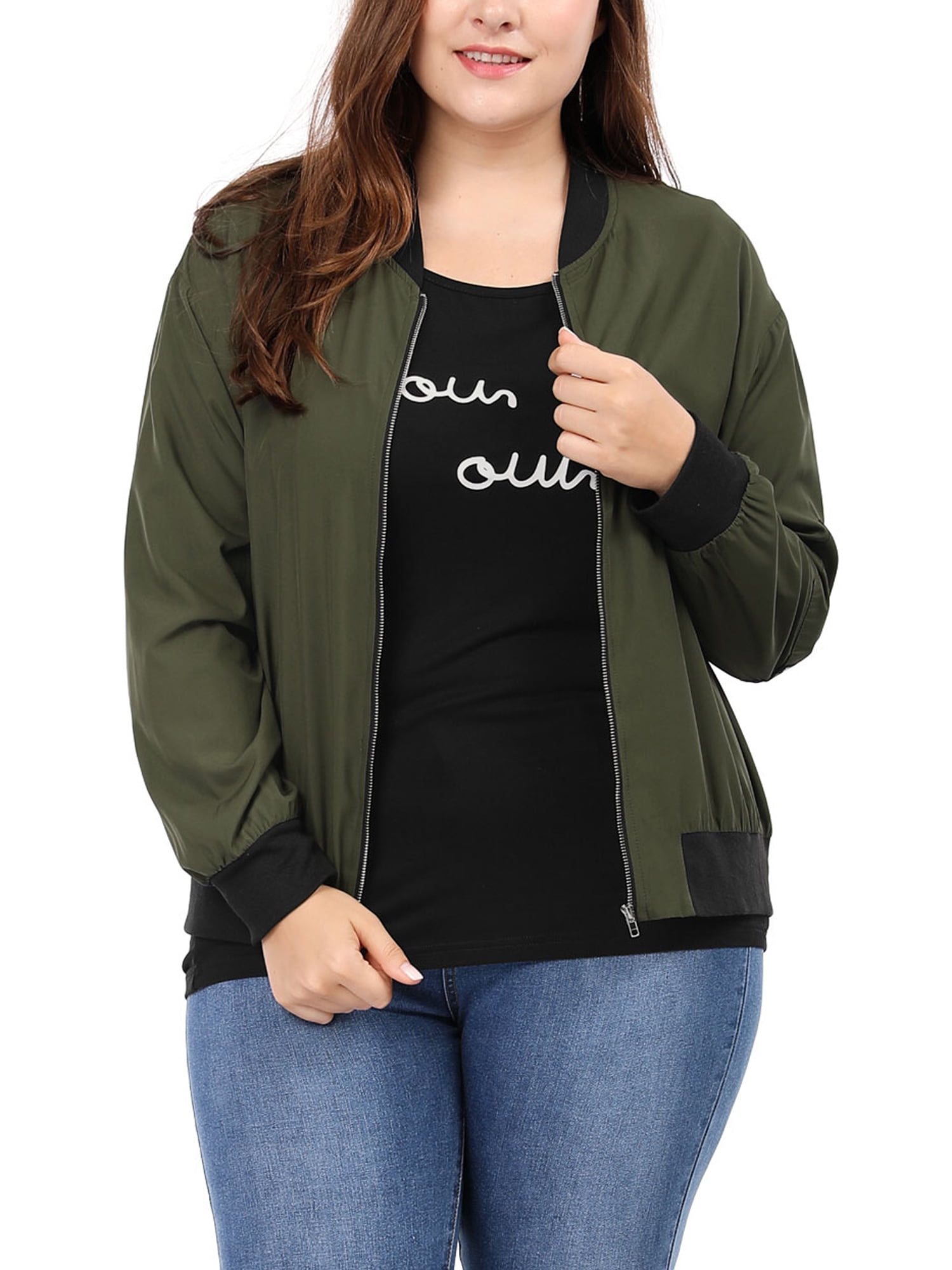 Unique Bargains Women's Plus Size Zipper Trim Outerwear Bomber Jacket