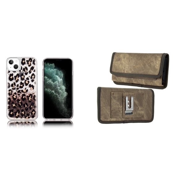 Liquid Glitter Case for iPhone 14 Plus and Belt Holster Pouch (Leopard/Brown)