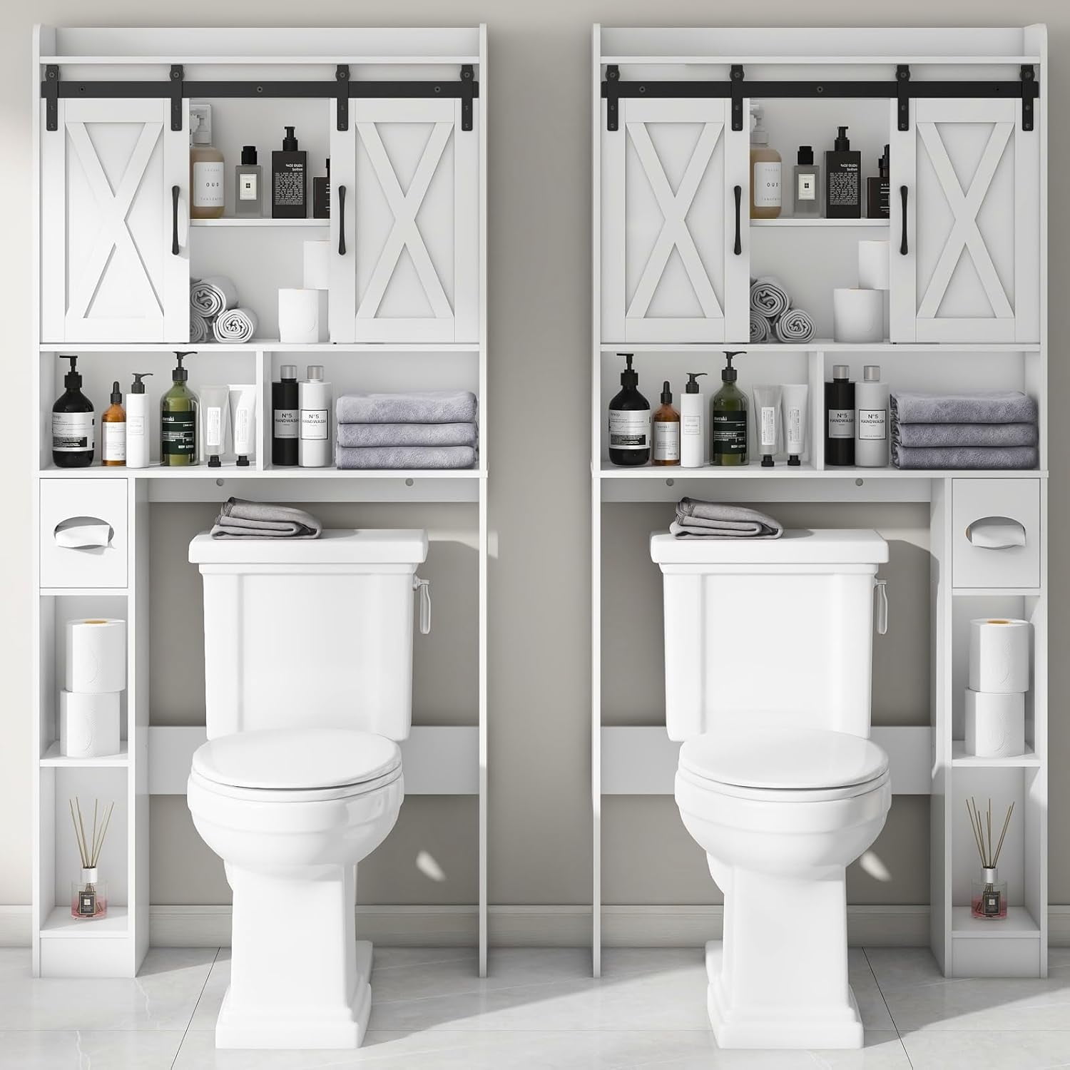 Vabches Over The Toilet Storage Cabinet with Sliding Doors & Toilet Paper Holder, Bathroom Organizer Space Saver, White