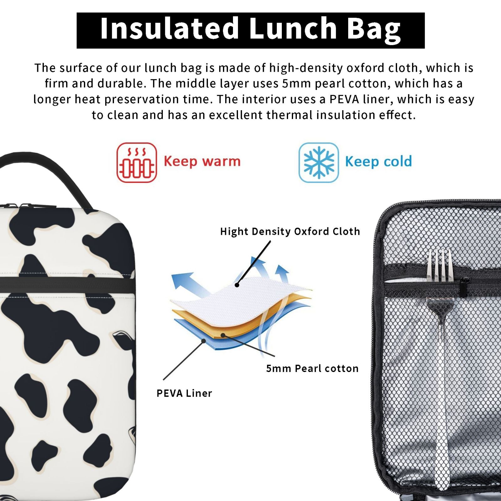 Cow Print Lunch Box Reusable Portable Lunch Bag Tote Bag for Work Picnic Hiking