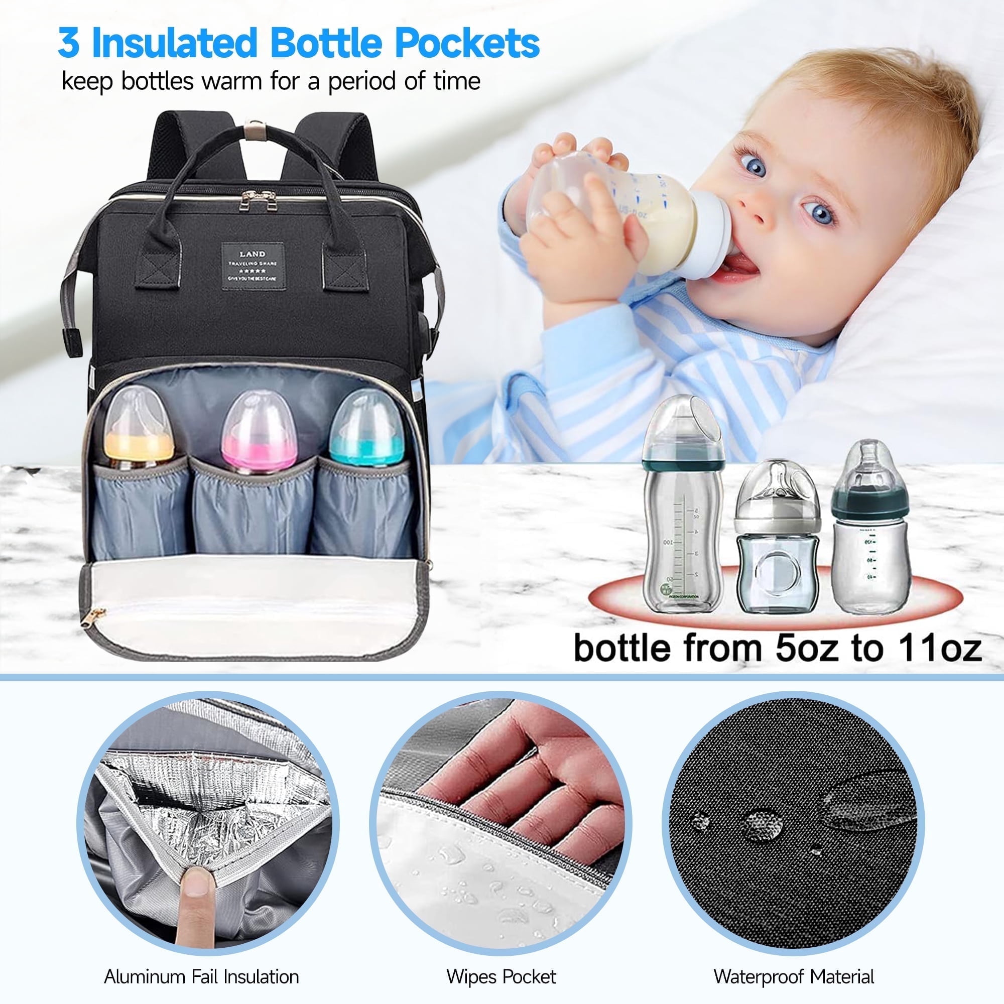 Anoak Baby Diaper Bag Backpack with Changing Station, Large Capacity Baby Bag, Waterproof Travel Backpack with USB Charging Port, Stroller Straps , Baby Shower Gifts