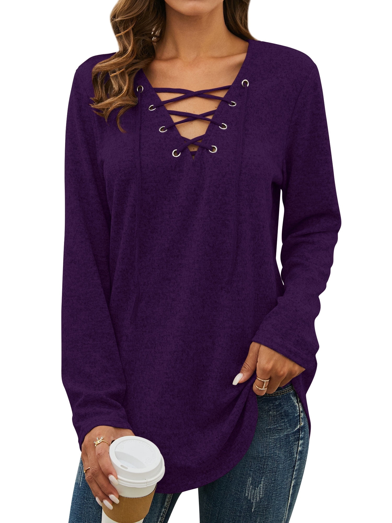 Nlife Women Long Sleeve Top Criss Cross V Neck Solid Blouse Tunic Top Basic Pullover - image 3