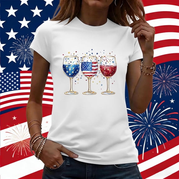 Women's 4th of July Graphic Tees Patriotic American Flag Wine Glass Shirts Casual Short Sleeve Summer Tops Independence Day Vacation Novelty Clothing