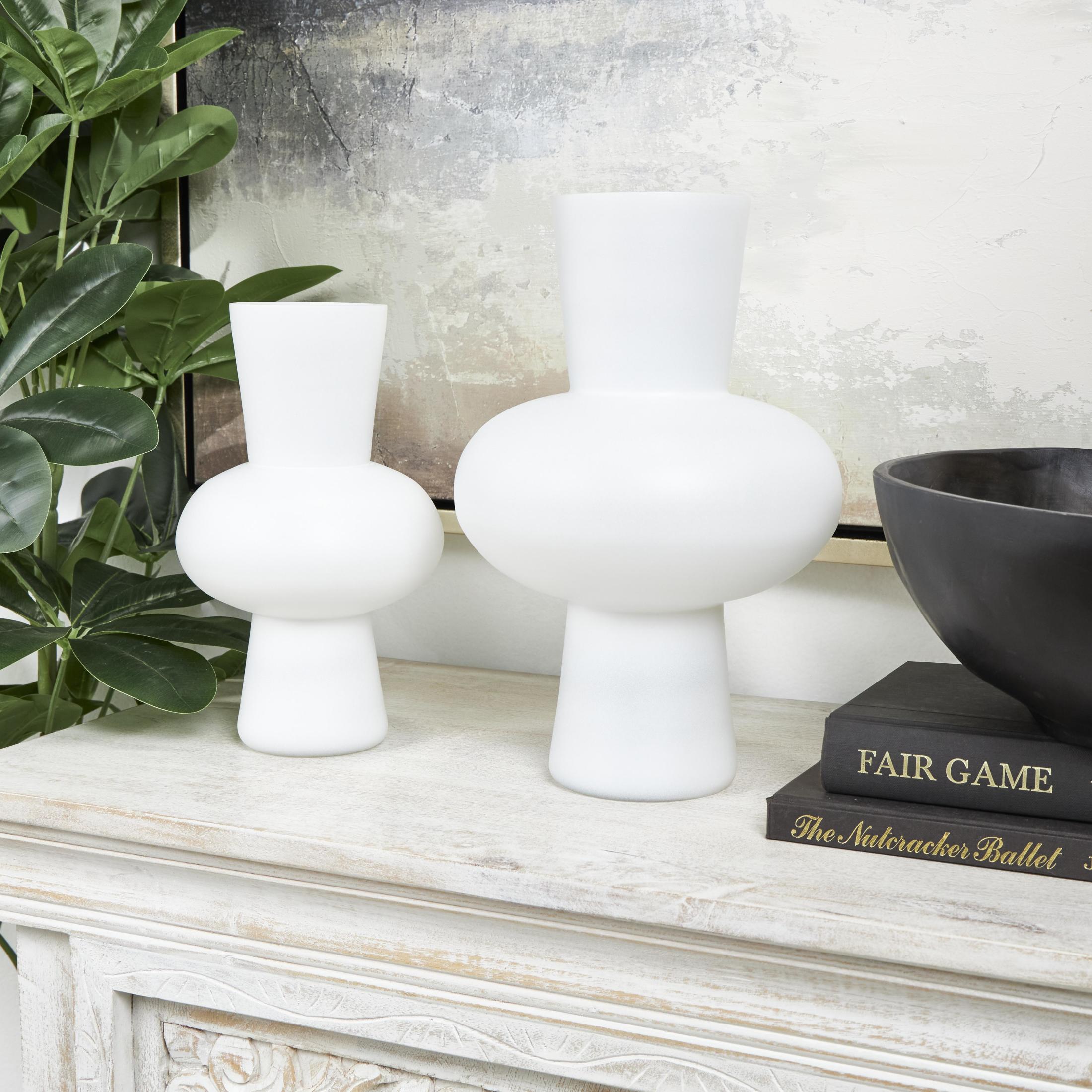 DecMode 10", 10"H Trumpet White Glass Vase with Wide Rounded Center, Set of 2