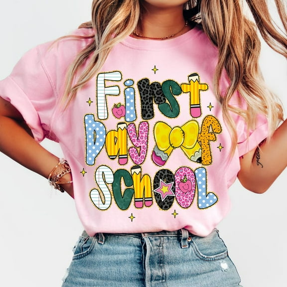 Coquette First Day of School Shirt, Preppy Back to School Shirt, Girly Teacher Shirt Design, Glitter Teacher Pencil Bow Shirt
