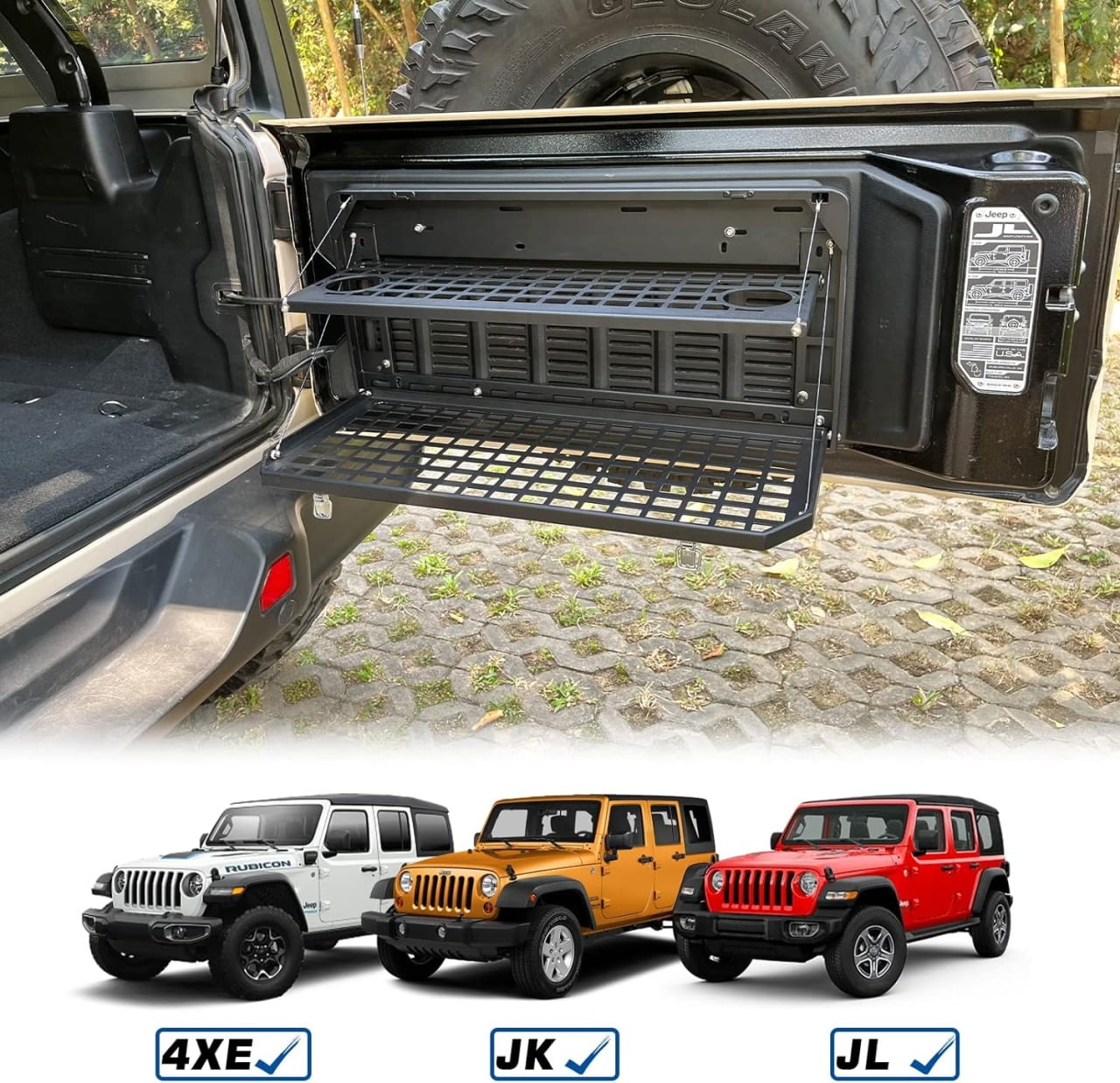 2-Tier Foldable Tailgate Table with Cargo Rack for Jeep Wrangler JK JL 4-Door Models 2007-2022, Rear Mount Camping Desk Storage Solution for Outdoor Adventures