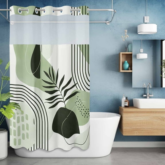 No Hook Shower Curtain with Snap in Liner, Abstract Mid Century Green Color Block Waterproof Fabric Bathroom Curtain Mesh Top Window, Minimalist Boho Leaf Shower Curtains 36x72in