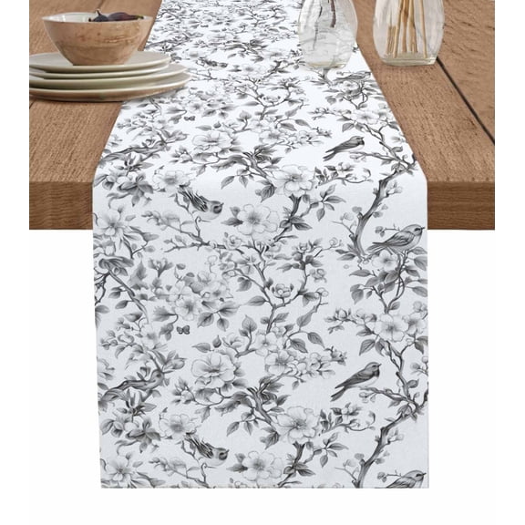 Table Runner 48 Inches Long for Kitchen Dining, Grey Botanical Dresser Scarf Farmhouse, Dining Table Decorations for Wedding/Parties, Elegant Watercolor Botanical Birds 13 x 48 In