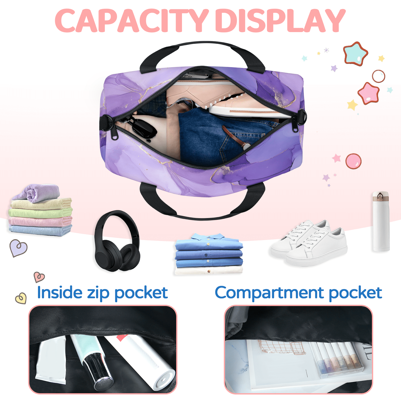 Herdesigns Purple Gym Bag for Women, Marble Duffle Bag for Travel Sport, Lightweight Waterproof Carry on Weekender Overnight Dance Yoga Workout Bags