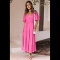 thumbnail image 4 of Vestido Midi Fluido de Corte A con Escote en V Profundo, Corta Abullonada, Cintura Alta Elástica y para Mujer Rosa Roja L, 4 of 9