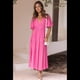 thumbnail image 4 of Vestido Midi Fluido de Corte A con Escote en V Profundo, Corta Abullonada, Cintura Alta Elástica y para Mujer Rosa Roja L, 4 of 9