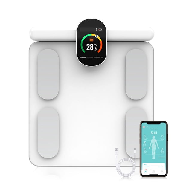 Báscula inteligente Fitdays para grasa corporal | Tecnología avanzada de 8 electrodos para IMC/20+ | LED a todo color y alta precisión | Báscula de baño para fitness y pérdida de peso | (FG2305ULB-Bla