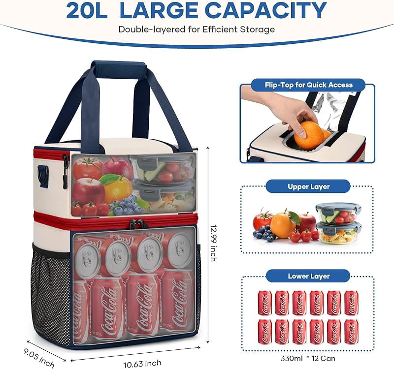 Maelstrom Lunch Box for Women, 20L Insulated Lunch Bag Men, Leakproof Double Deck Cooler Bag, Soft Lunch Cooler with Quick Access Flip-Top Lid for Work, Beach,Travel, Camping