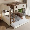 thumbnail image 4 of Harper & Bright Designs Full over Full Bunk Bed with Trundle and Storage Shelves, Solid Wood Bunk Bed Frame with Stairs and Hooks, Beige+Natural, 4 of 11