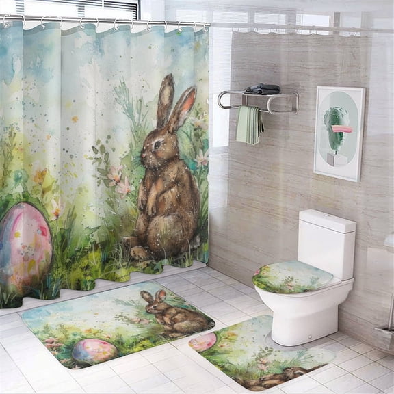 Watercolor Egg And Bunny Shower Curtain Sets with Rugs 4 Piece Bath Mat U-Shaped Floor Mat Toilet Lid Oval Rug Easter Bunny Egg Waterproof Fabric Bath Curtain for Bathroom Decor Set