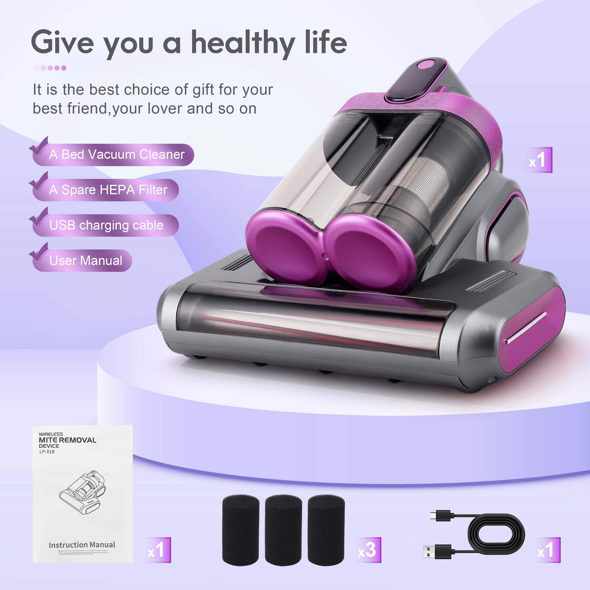 AMTPM 17KPa Cordless Mattress Vacuum Cleaner with UV Care & 40,000RPM Beating - 520ml Dustbin, USB Rechargeable for Bed, Pet Hair, Allergen Removal (Deep Cleaning)