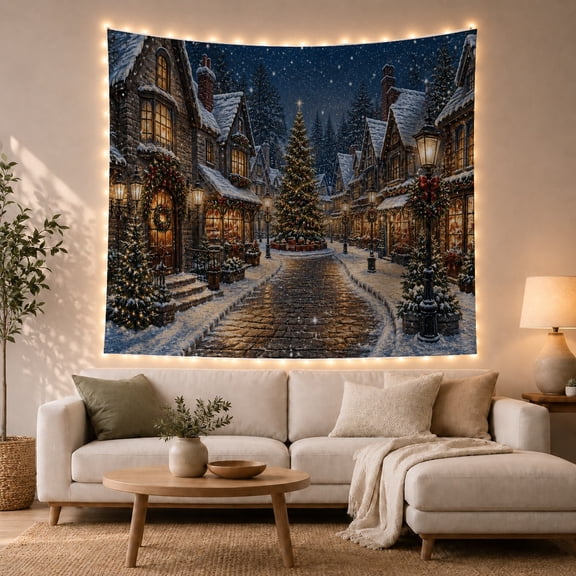 Snowy Village on a Lantern-Lit Road, Peaceful Illustration for Winter Decor Lovers, Festive Home Art, Christmas Gift, Tapestry Wall Hanging for Living Room and Bedroom