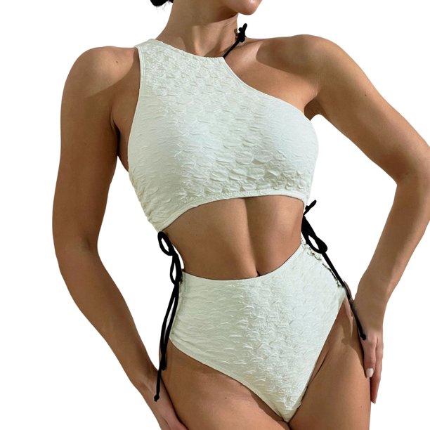 Gibobby Bañador de Bikini Traje de baño de cuerpo dividido para mujer con cintura abierta y cordones ajustados(Beige,G)