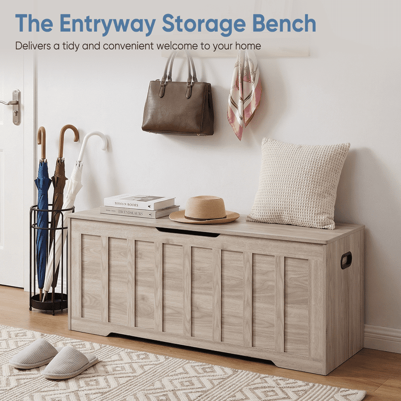 Gianna Storage Bench, Wooden Storage Cabinet with 2 Safety Hinges, Toy Chest for Living Room Bedroom, Non-Slip Bottom, Support 150lbs, Easy Assembly, 47.2"x15.7"x19.1", Wood Gray