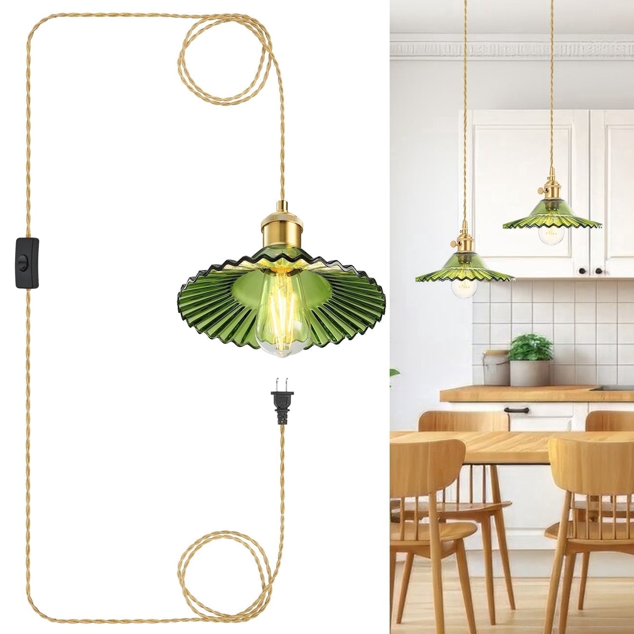 JOPESO Plug in Glass Pendant Light, Green Vintage Lampshade Metal Hanging Lamp for Kitchen Island Dining Room Hallway
