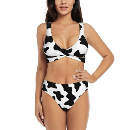 Zeuib Milk Cow High Waisted Tummy Control Bikini Set - Knot Front Push Up Top & Cheeky Thong Bottom  Two-Piece Swimsuit for Women-Medium