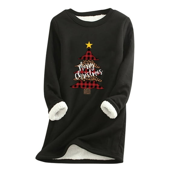 Otvok Ladies Fashion Autumn Winter Plus Fleece Warm Christmas Print Tops