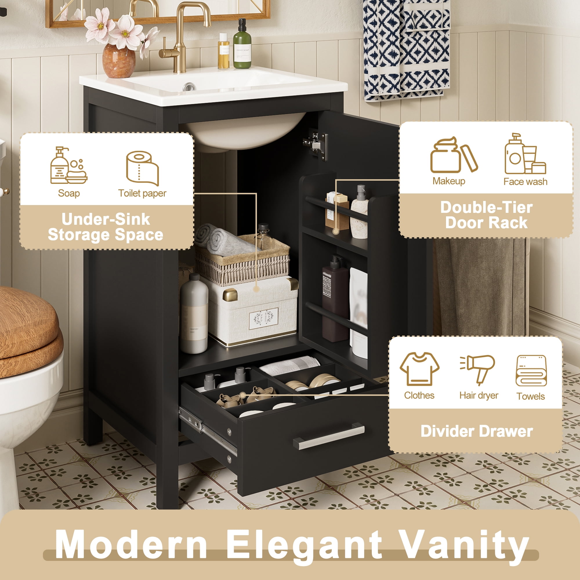 18" Sturdy Wood Small Bathroom Storage Cabinet, Bathroom Organizer Cabinet with Soft Close, Compact Vanity Unit for Small Spaces with Ceramic Sink for Bathroom, Black