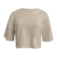 thumbnail image 4 of Women's Crew Neck Cropped T Shirts Short Sleeve Loose Shoulder Crop Tee Tops Shirt Juniors Tan Raglan Shirt Women Sleeve T Tee Shirts Girls Long Sleeved Shirt Oversized Tees for Women Big Shirt Summer, 4 of 5
