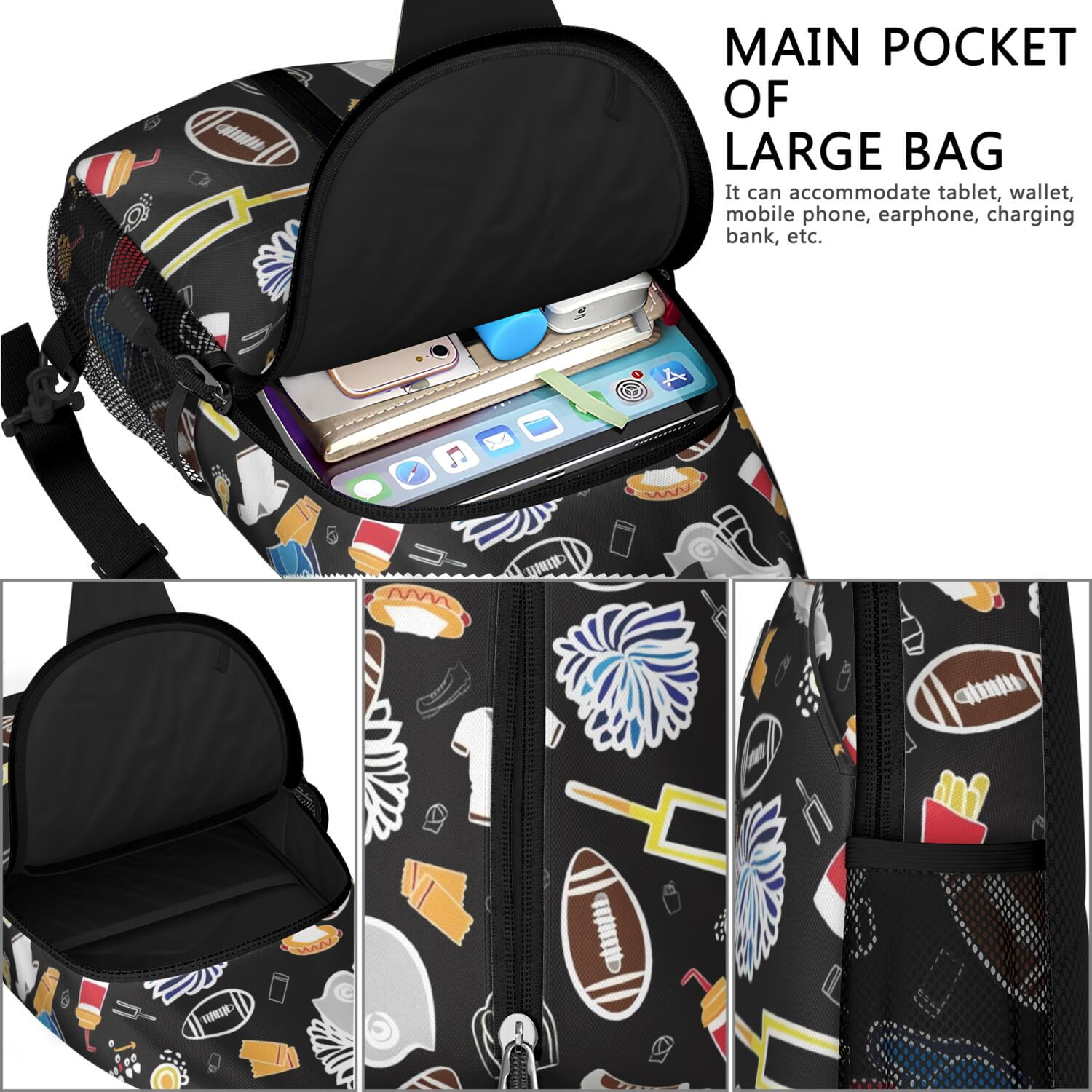 Play and Training Sling Backpack with Sports Ball Prints – Water-Resistant Crossbody Bag with Partitioned Storage, Breathable Back, Smooth Zippers, Adjustable Strap, Ideal for Baseball, Fo