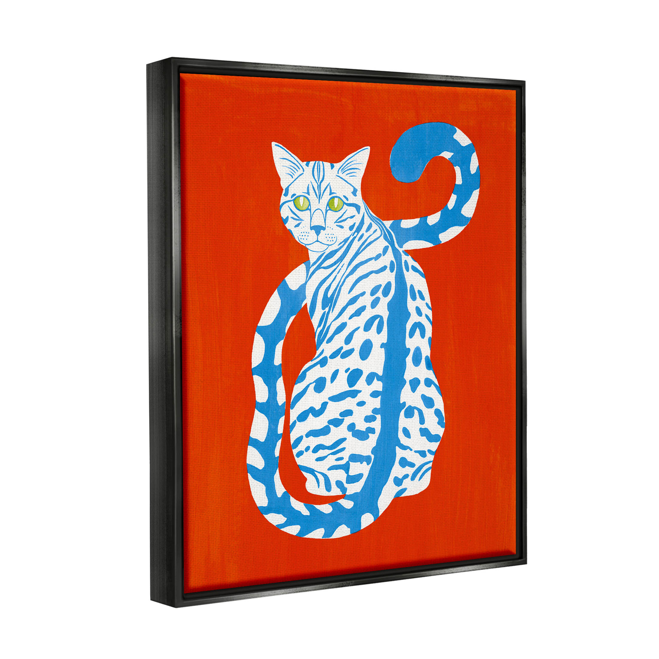 Stupell Industries Blue Gazing Cat Bold Modern Design Graphic Art Jet Black Floating Framed Canvas Print Wall Art, Design by Grace Popp