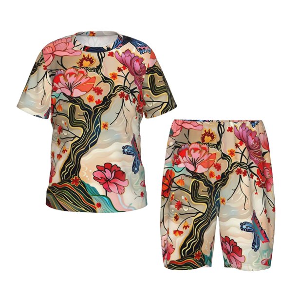 Fotbe Butterflies And Flowers Painting Pijama Estampada de 2 Piezas para Niños – Ropa de Dormir de Manga Corta Cómoda para Niños y Niñas, Camiseta y Shorts de Algodón-Medium