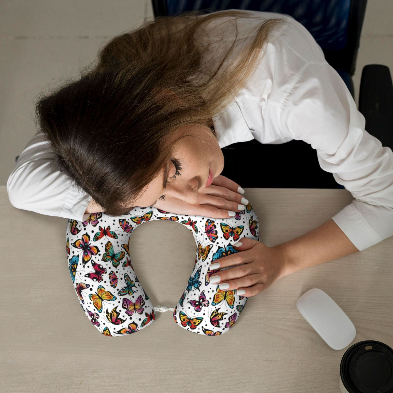 Xecao Cute Butterfly Print Memory Foam Cervical Neck Pillow Versatile U-Shaped Pillows for Home,Office,Camping,Travelling,Soft Washable Cover