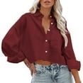 thumbnail image 4 of ZOHIUM Womens Dressy Tops Womens Button Down Cropped Shirts Long Sleeve Casual Crop Tops Solid Lapel Blouse Shirt With Chest Pocket Women Shirts Summer Tops for Women 2164 (Red,S), 4 of 6